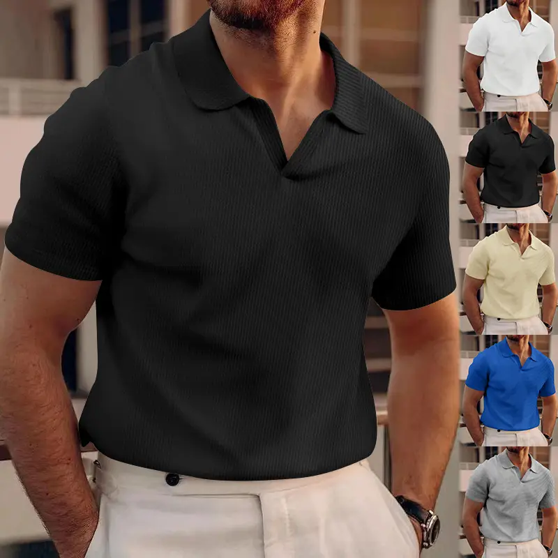 Men's Grey V-Neck Waffle Polo Shirt Short Sleeve — feature 4