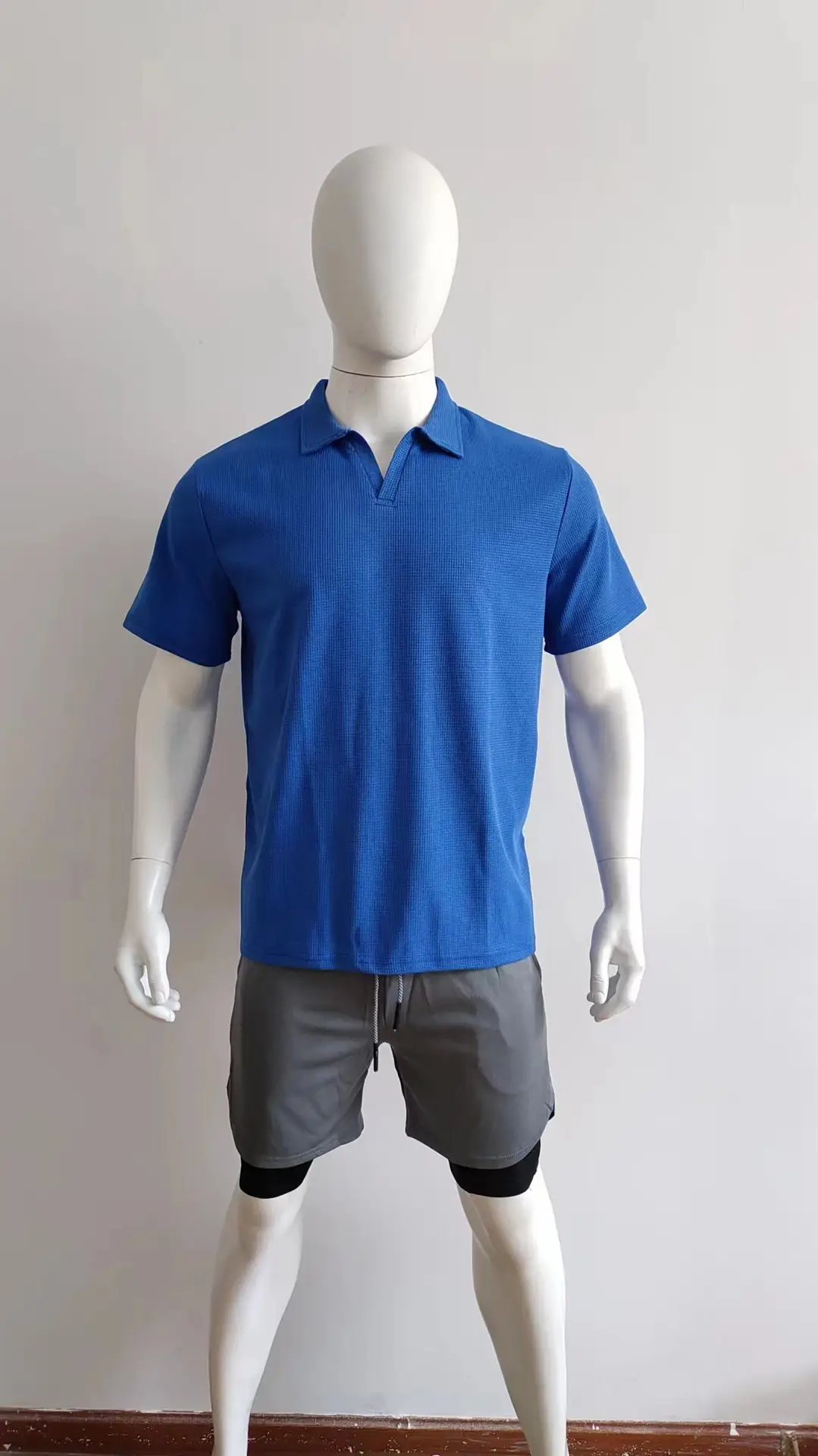 Men's Grey V-Neck Waffle Polo Shirt Short Sleeve — feature 42