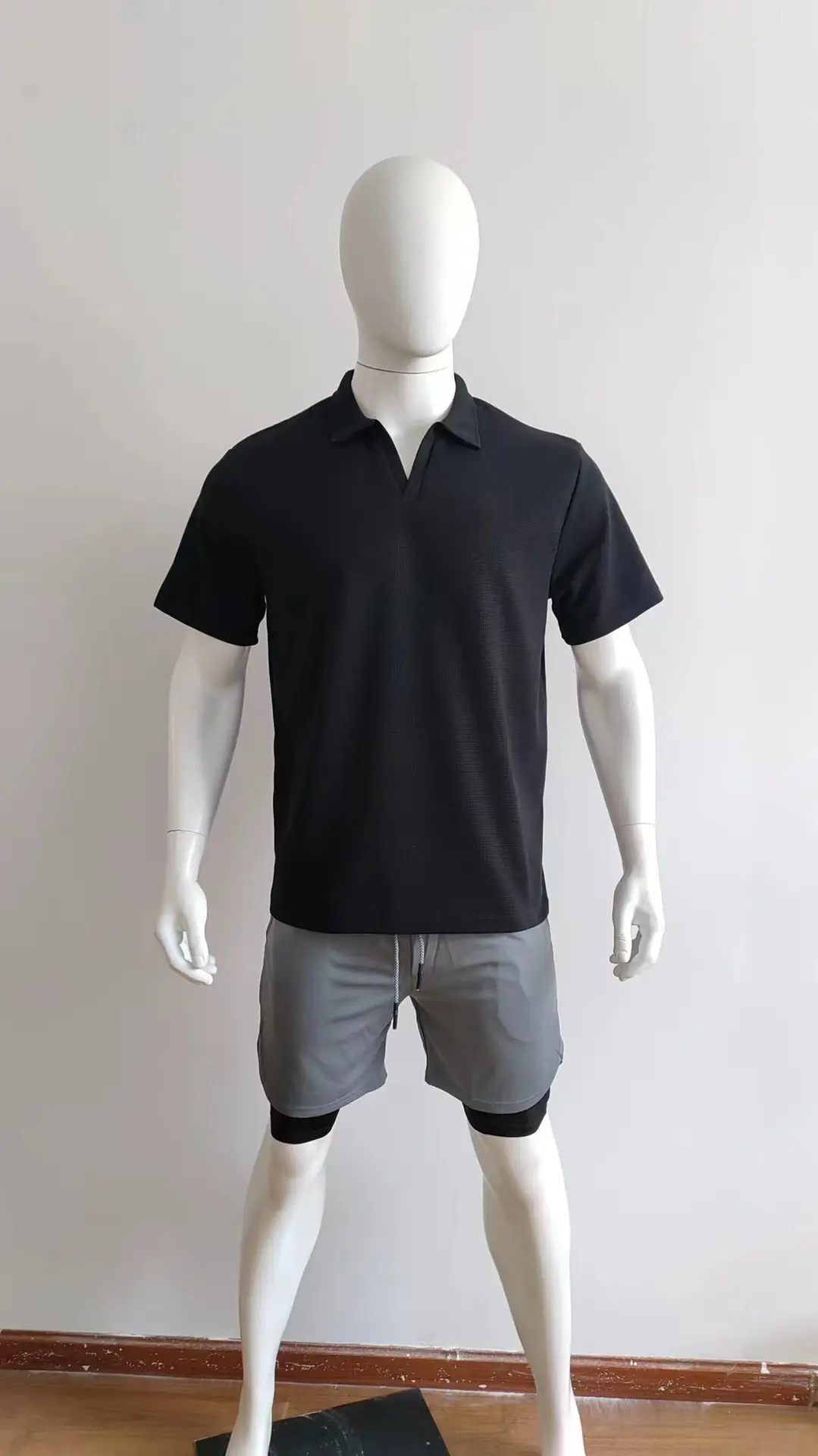 Men's Grey V-Neck Waffle Polo Shirt Short Sleeve — feature 46