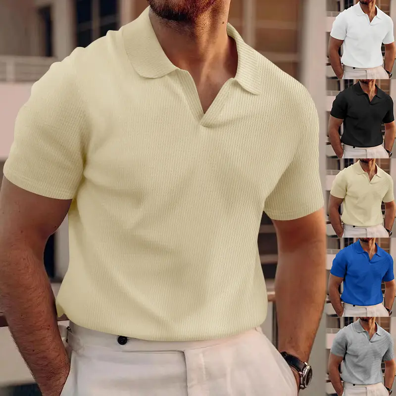 Men's Grey V-Neck Waffle Polo Shirt Short Sleeve — feature 5