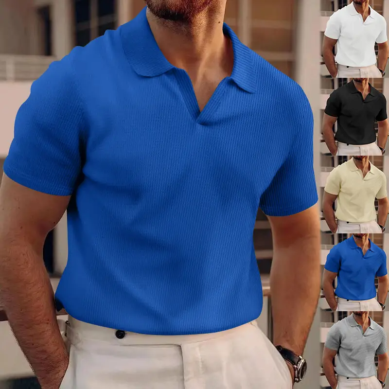 Men's Grey V-Neck Waffle Polo Shirt Short Sleeve — feature 6