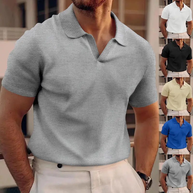 Men's Grey V-Neck Waffle Polo Shirt Short Sleeve — feature 7