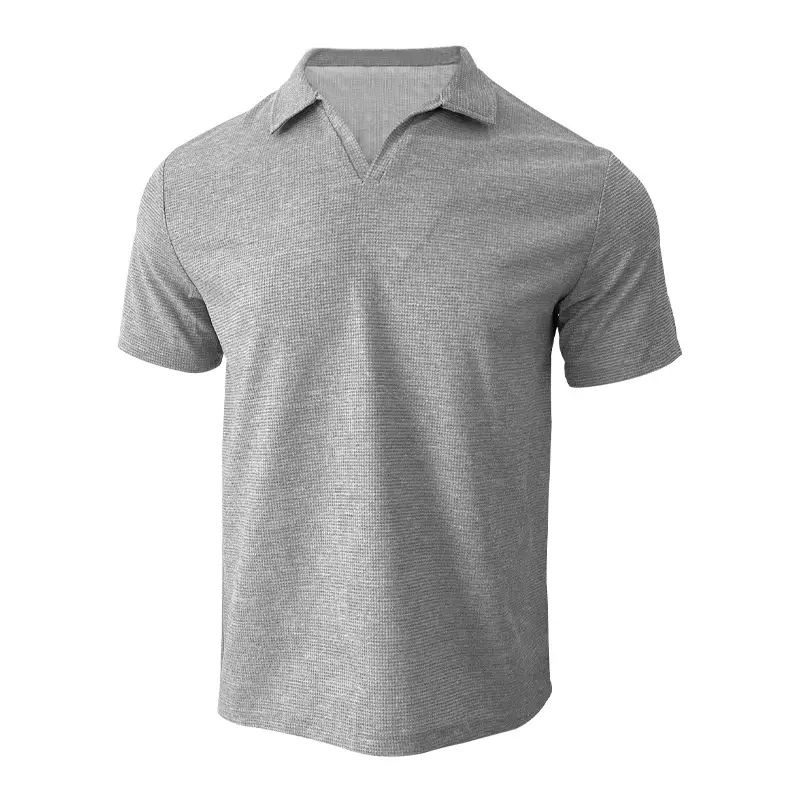 Men's Grey V-Neck Waffle Polo Shirt Short Sleeve - Image 4