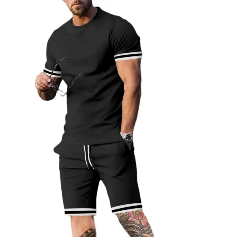 Men Navy Blue Short Sleeve Shorts Set with White Trim - Image 9