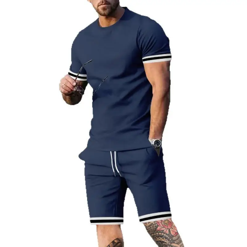 Men Navy Blue Short Sleeve Shorts Set with White Trim - Image 10