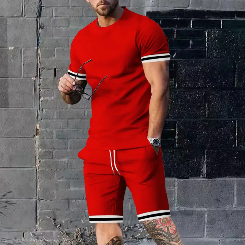 Men Navy Blue Short Sleeve Shorts Set with White Trim — feature 6