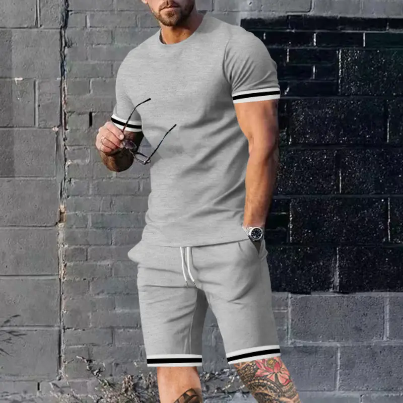 Men Navy Blue Short Sleeve Shorts Set with White Trim — feature 7