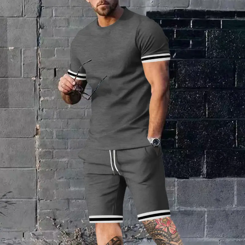 Men Navy Blue Short Sleeve Shorts Set with White Trim — feature 8