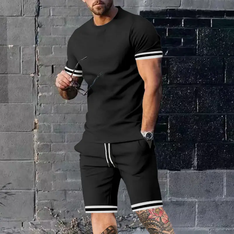 Men Navy Blue Short Sleeve Shorts Set with White Trim - Image 2