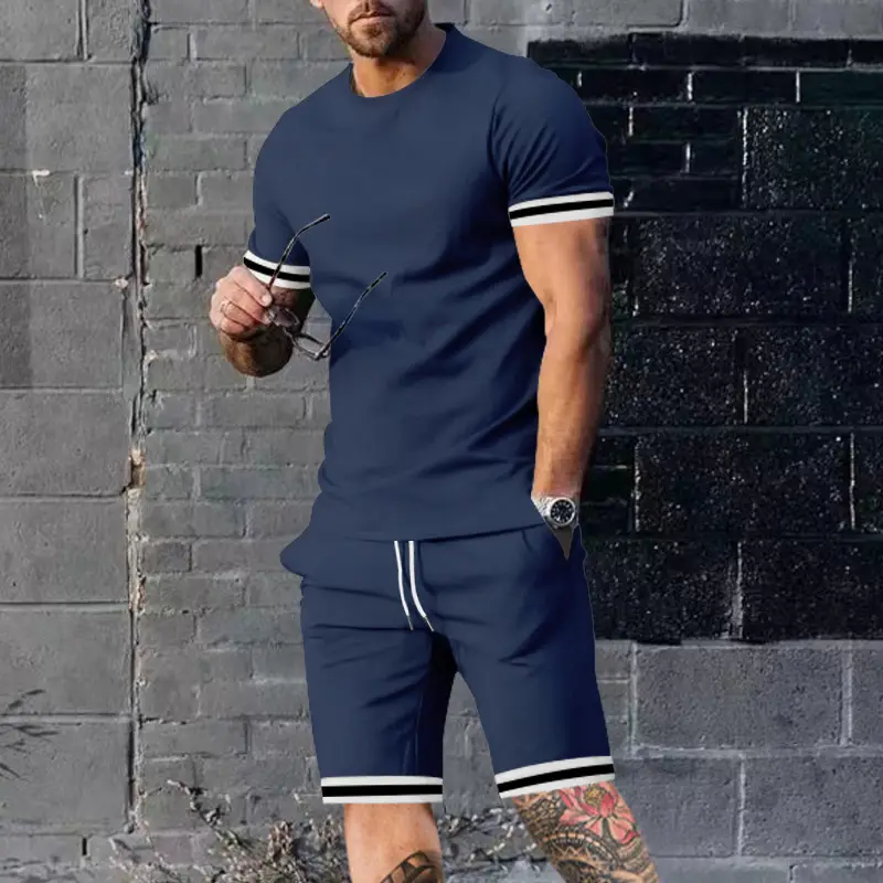 Men Navy Blue Short Sleeve Shorts Set with White Trim - Image 3