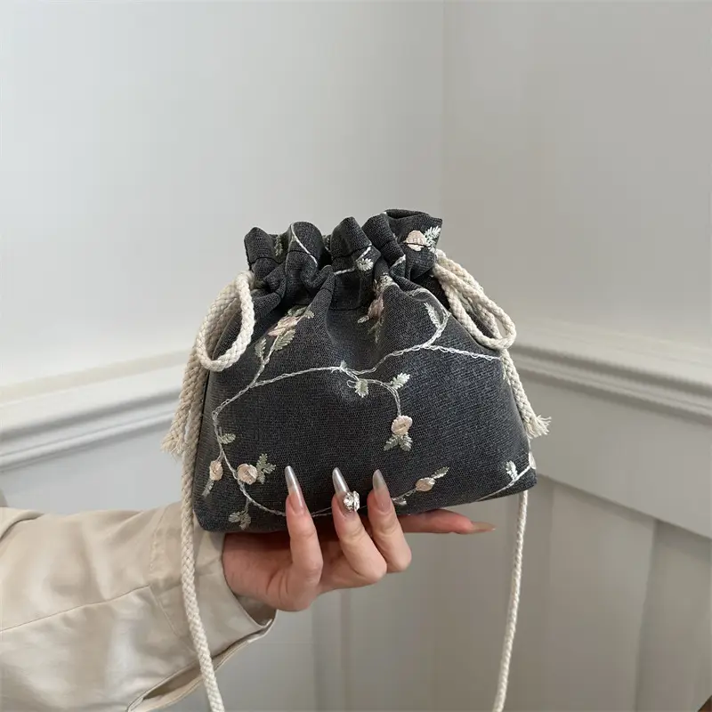 Women's Black Drawstring Shoulder Messenger Bag 2024 - Image 8