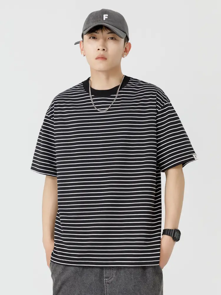 Men Striped T-Shirt Japanese Style Loose Fit - Image 5