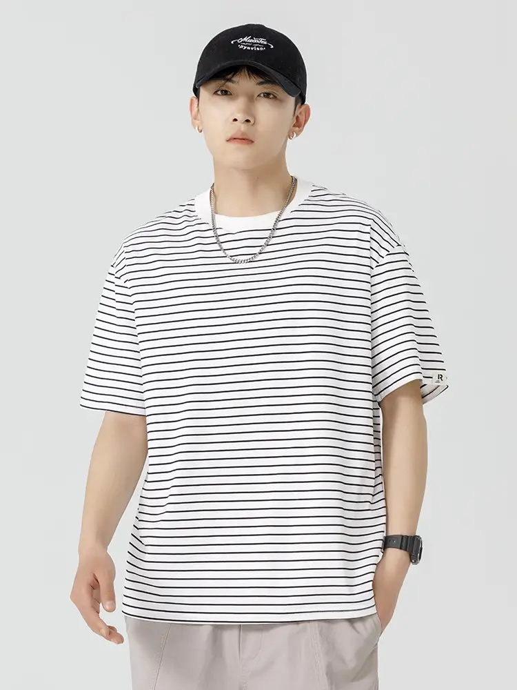 Men Striped T-Shirt Japanese Style Loose Fit - Image 6
