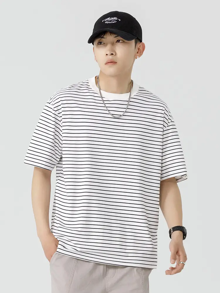 Men Striped T-Shirt Japanese Style Loose Fit - Image 9