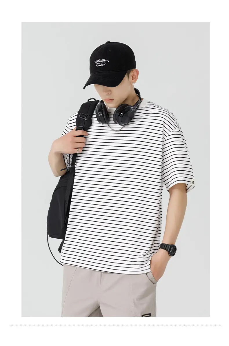 Men Striped T-Shirt Japanese Style Loose Fit — feature 34
