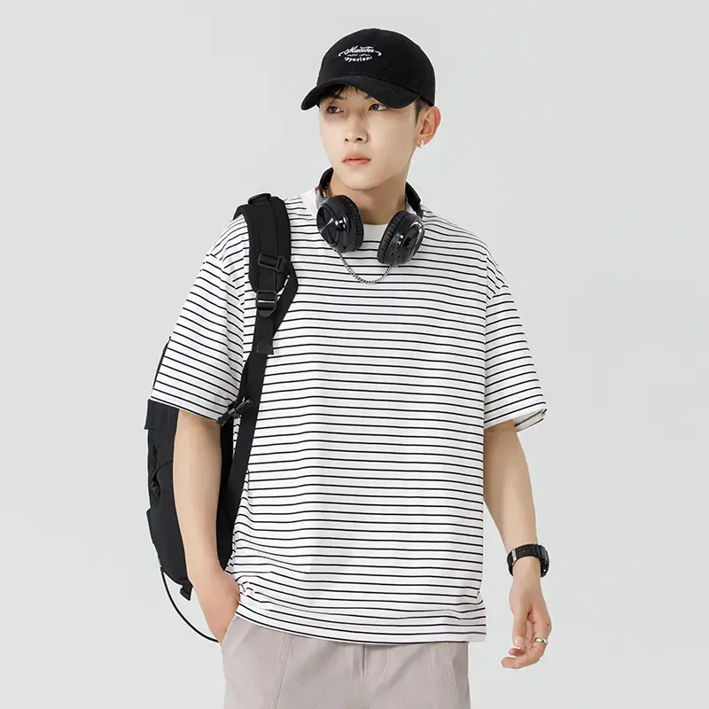 Men Striped T-Shirt Japanese Style Loose Fit - Image 2