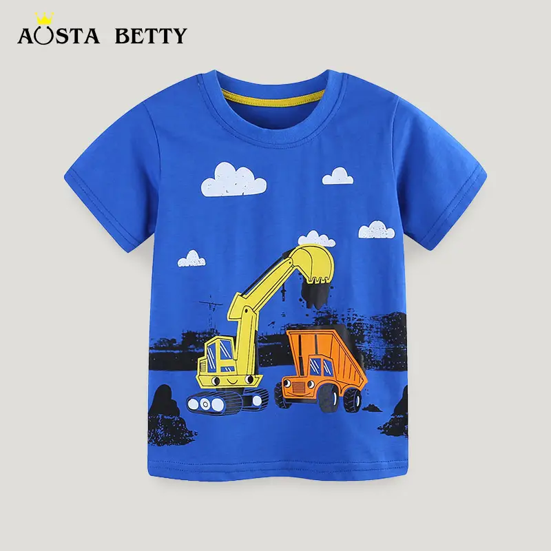 Blue Cartoon Printed Boys T-Shirt Round Neck Short Sleeve