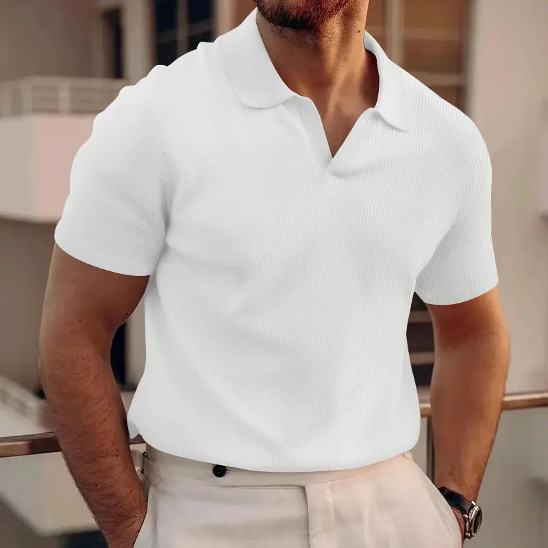 Men's White Lapel T-Shirt Heavy Waffle Oversize - Image 5