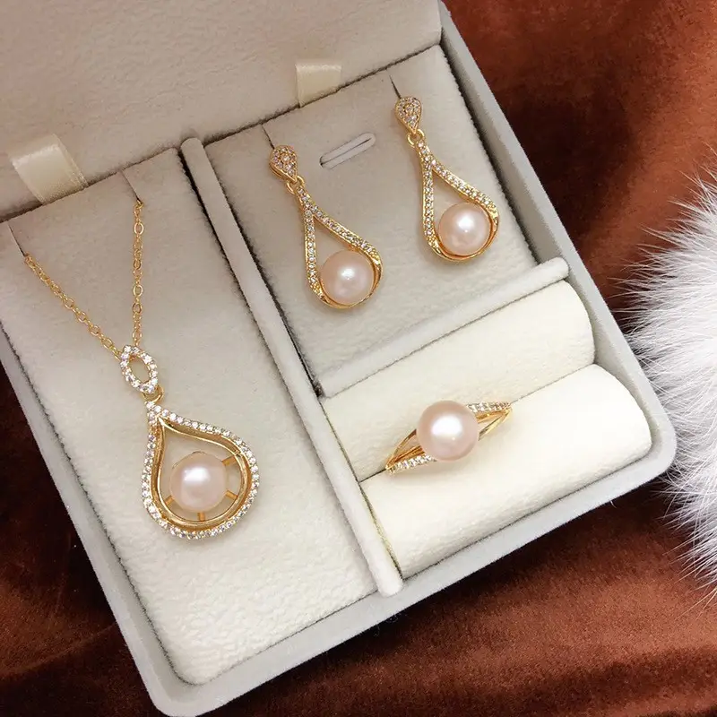 2024 Gold Pearl Necklace Earrings Ring Set for Women - Image 6
