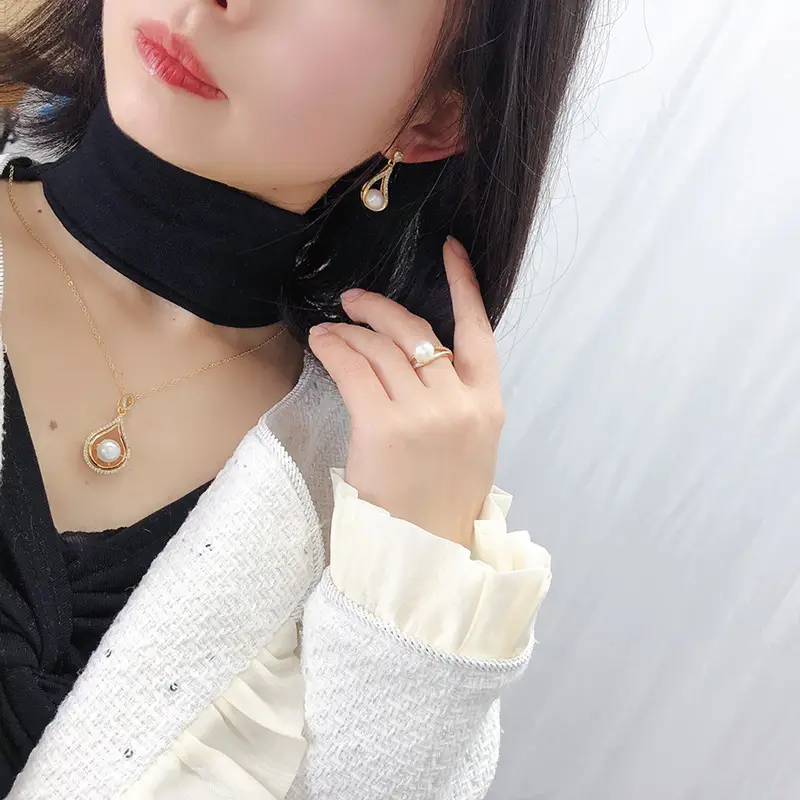 2024 Gold Pearl Necklace Earrings Ring Set for Women - Image 7