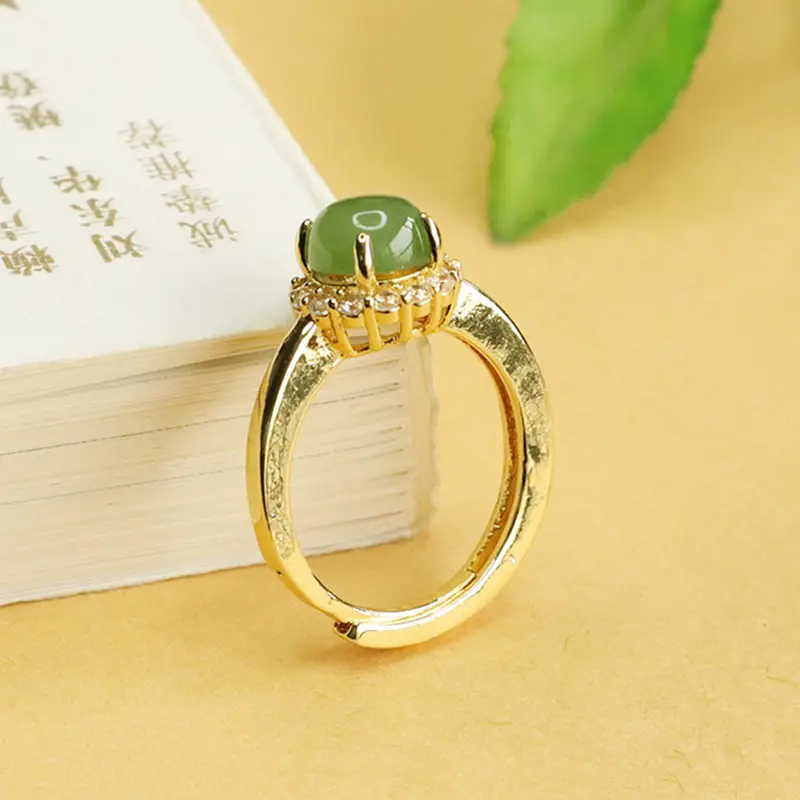 Aiyu Jade Ring with Full Diamond Set Gold Plated