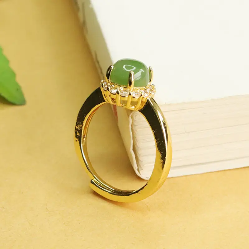 Aiyu Jade Ring with Full Diamond Set Gold Plated