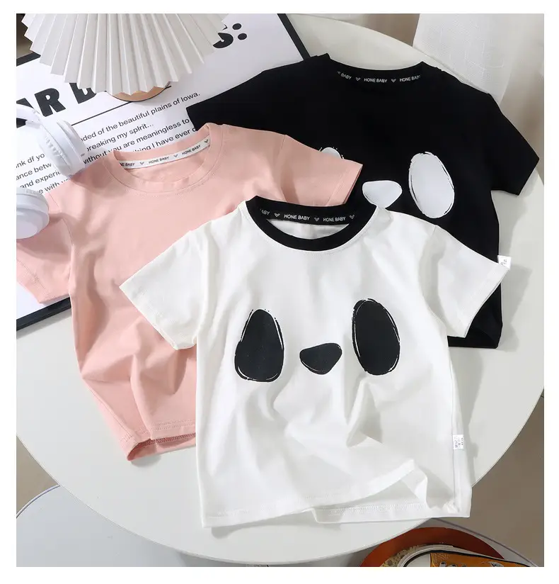 Kids Cotton T-shirt Black Panda Print Summer Wear — feature 15