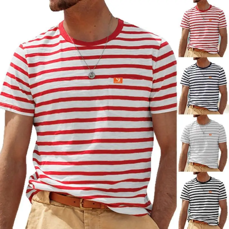 Men Striped Cotton T-Shirt Red White Round Neck - Image 5