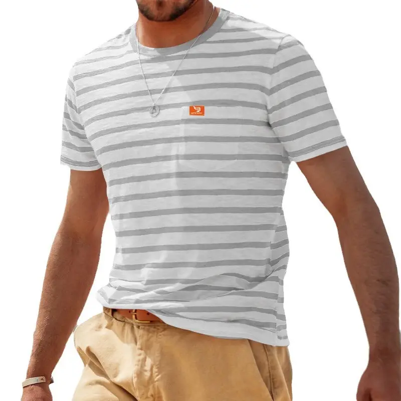 Men Striped Cotton T-Shirt Red White Round Neck - Image 6