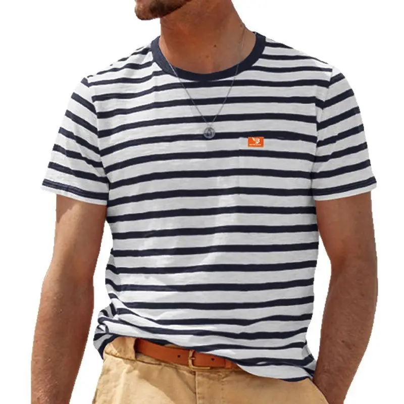 Men Striped Cotton T-Shirt Red White Round Neck - Image 7