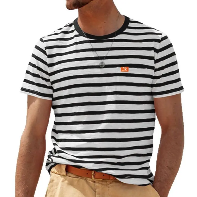Men Striped Cotton T-Shirt Red White Round Neck - Image 8