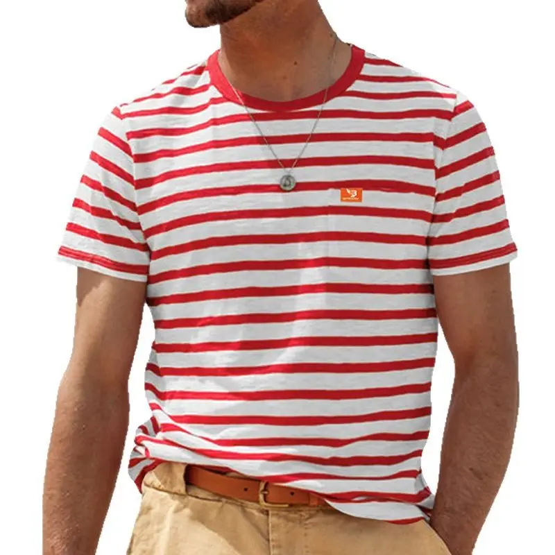 Men Striped Cotton T-Shirt Red White Round Neck - Image 9