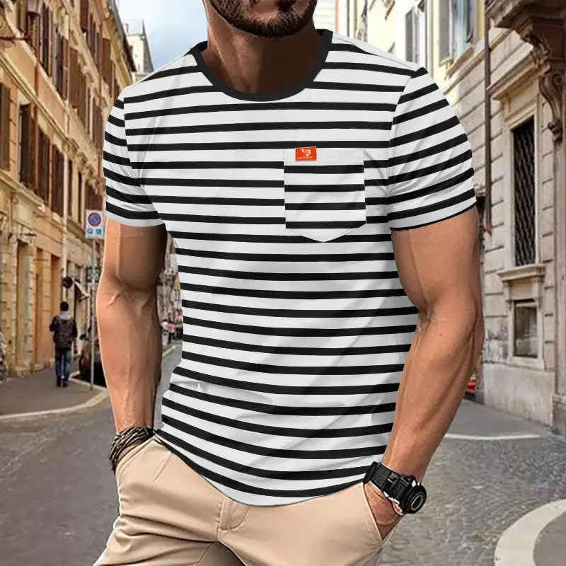 Men Striped Cotton T-Shirt Red White Round Neck — feature 11