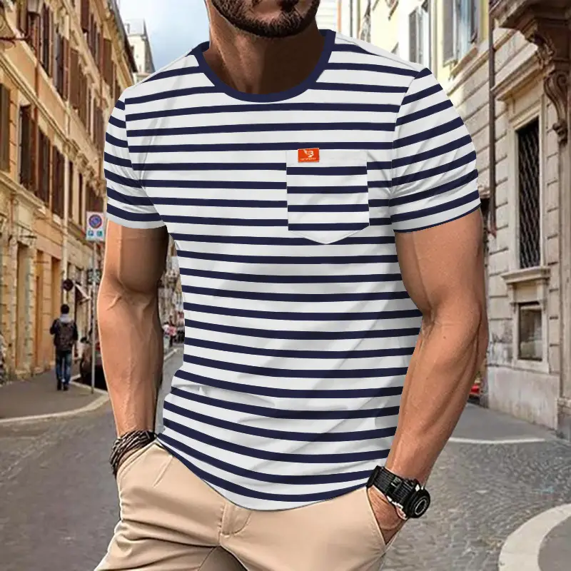 Men Striped Cotton T-Shirt Red White Round Neck — feature 3