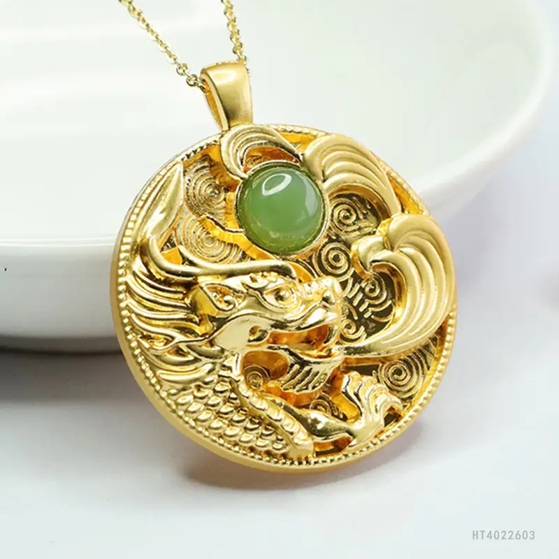 Dragon Design Jade Pendant Necklace with Gold Plating - Image 3