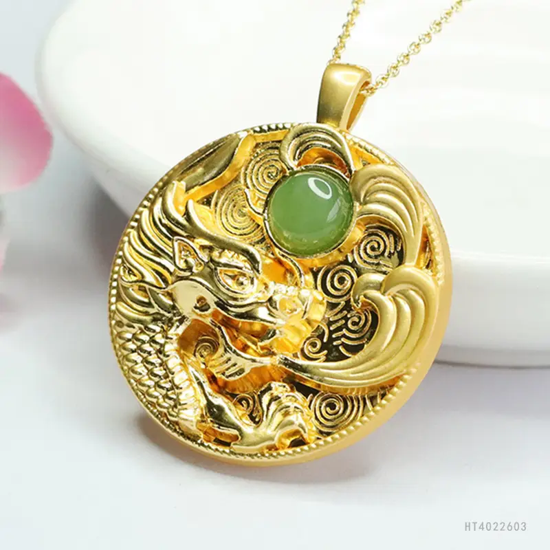 Dragon Design Jade Pendant Necklace with Gold Plating - Image 4