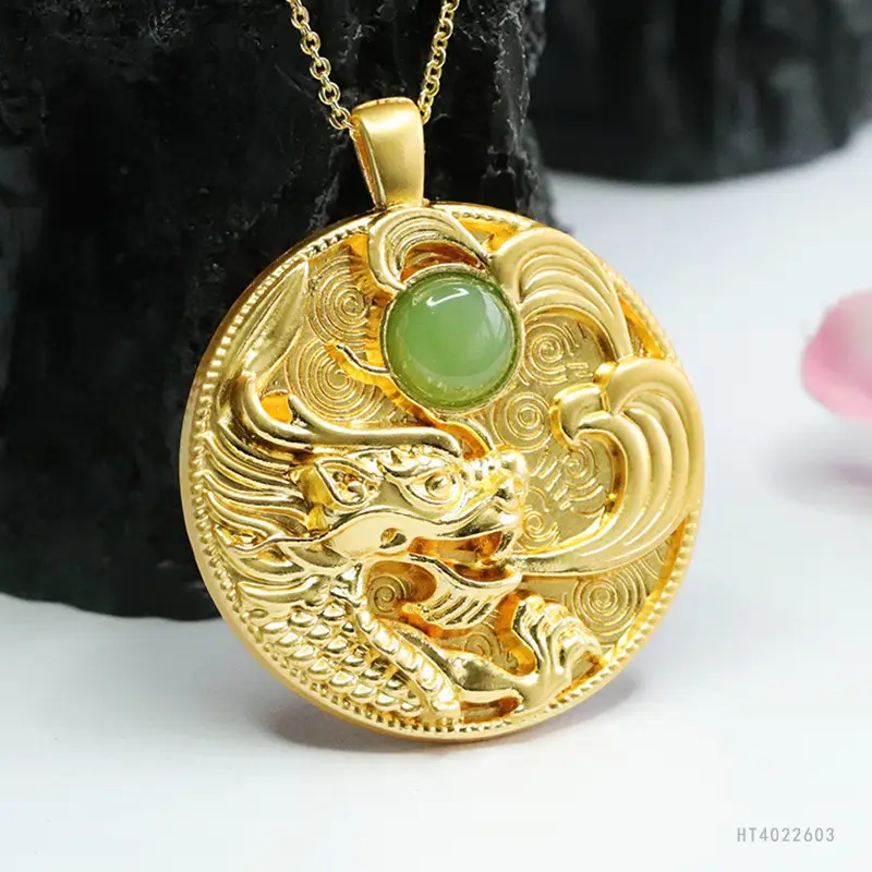 Dragon Design Jade Pendant Necklace with Gold Plating - Image 5