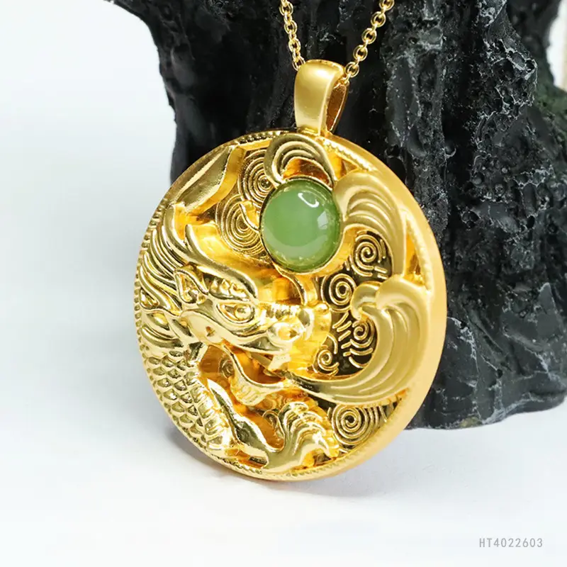 Dragon Design Jade Pendant Necklace with Gold Plating — feature 7