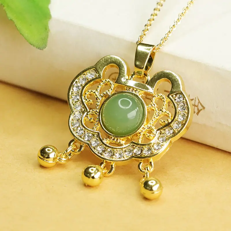 Aiyu Jade Pendant Necklace Gold Vintage Ruyi Lock Design - Image 3