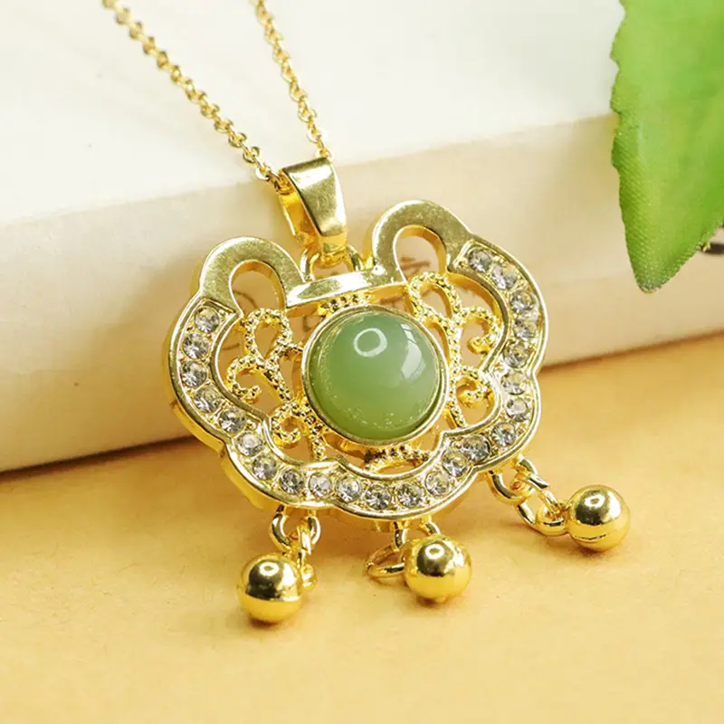 Aiyu Jade Pendant Necklace Gold Vintage Ruyi Lock Design - Image 4