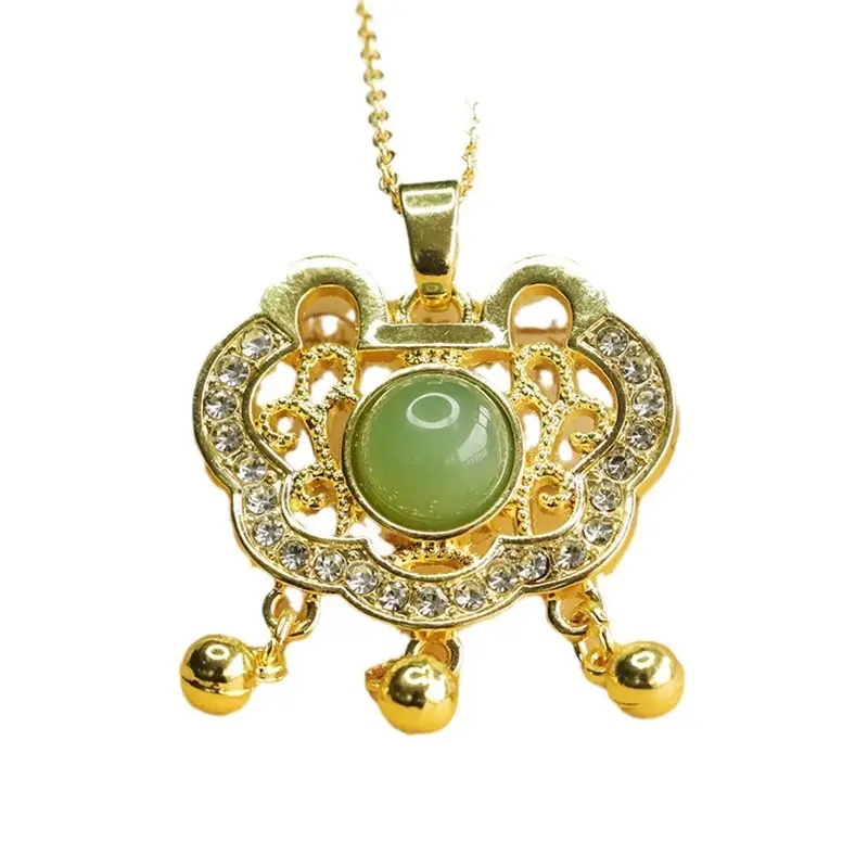 Aiyu Jade Pendant Necklace Gold Vintage Ruyi Lock Design - Image 6