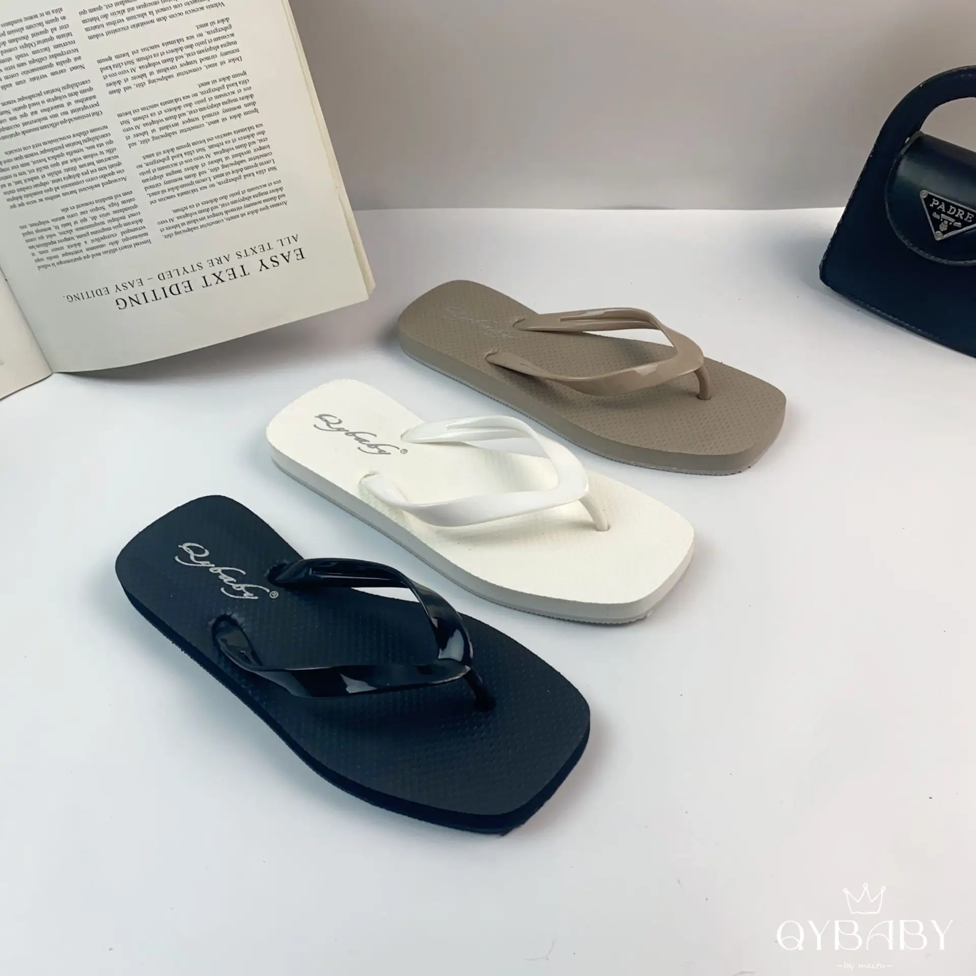 Women Square Toe Flat Flip Flops Summer Navy White Grey