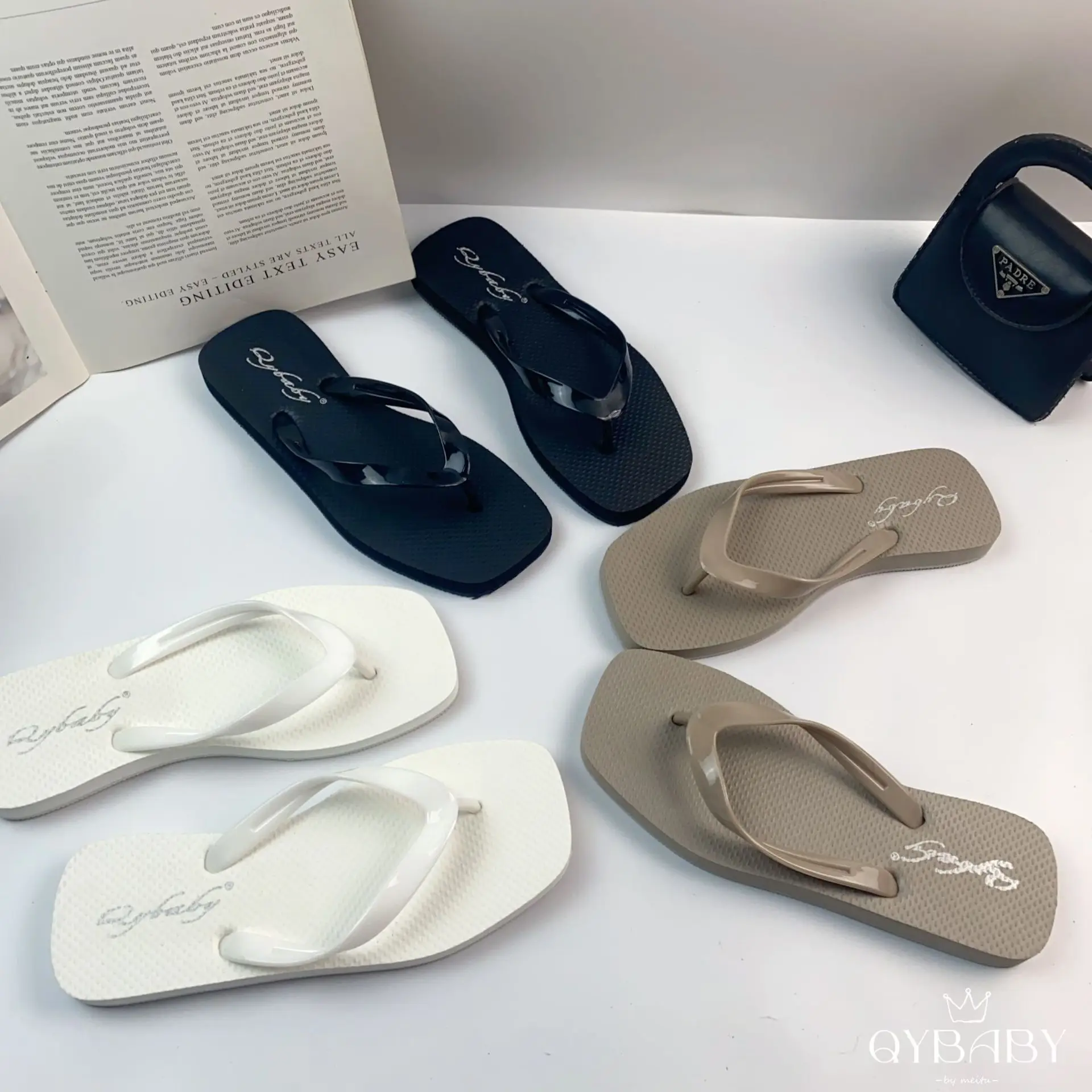 Women Square Toe Flat Flip Flops Summer Navy White Grey — feature 3