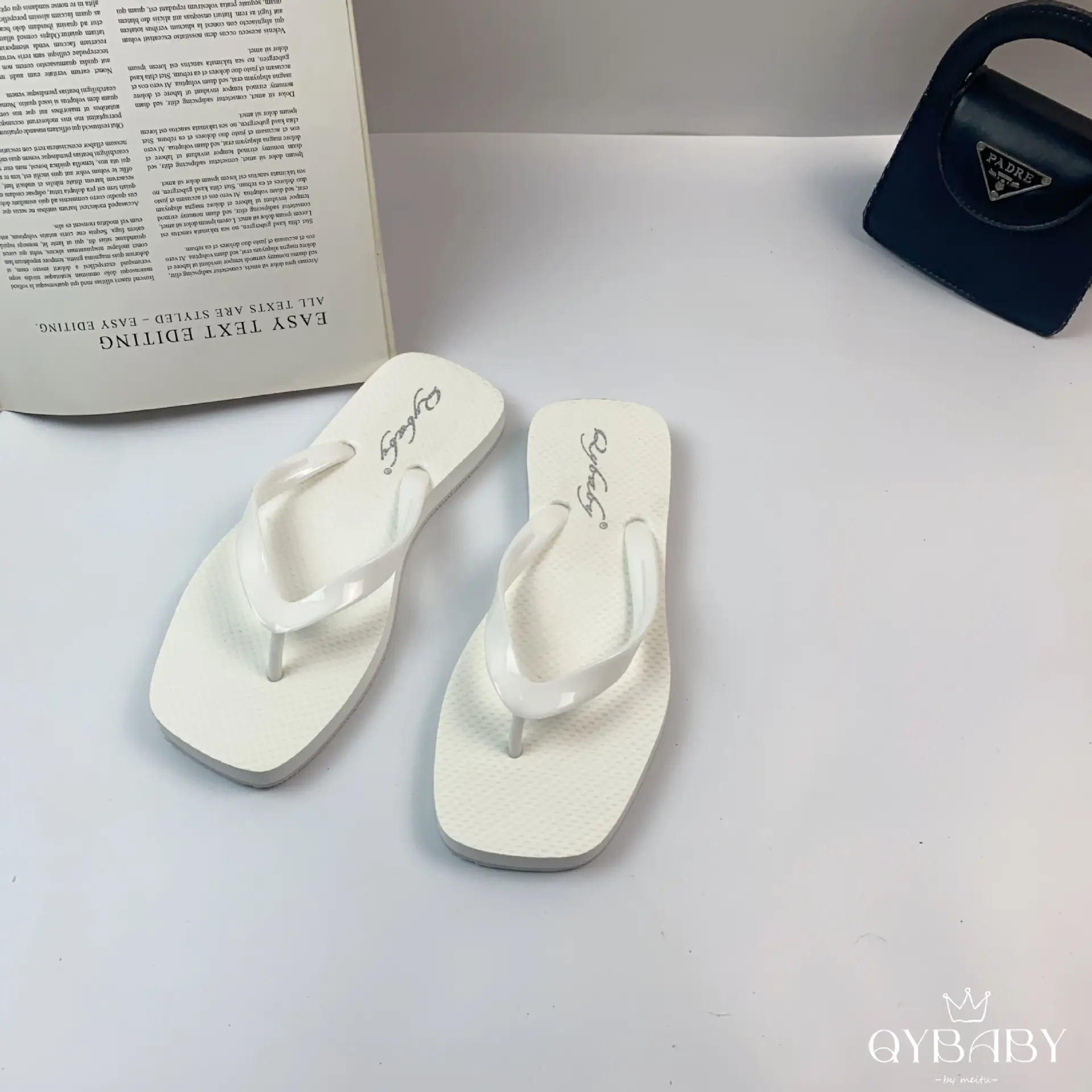 Women Square Toe Flat Flip Flops Summer Navy White Grey — feature 5