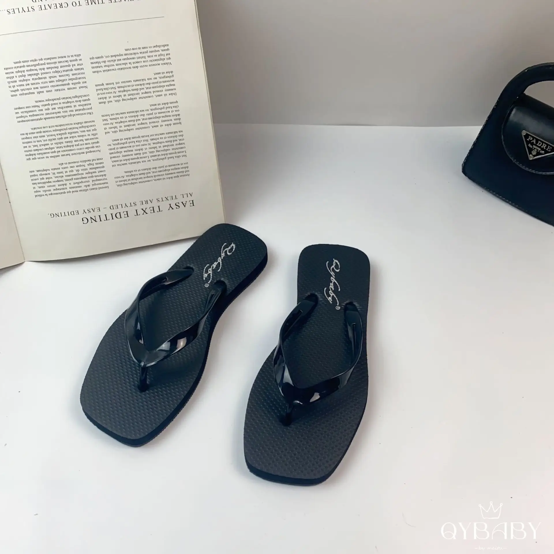 Women Square Toe Flat Flip Flops Summer Navy White Grey — feature 6