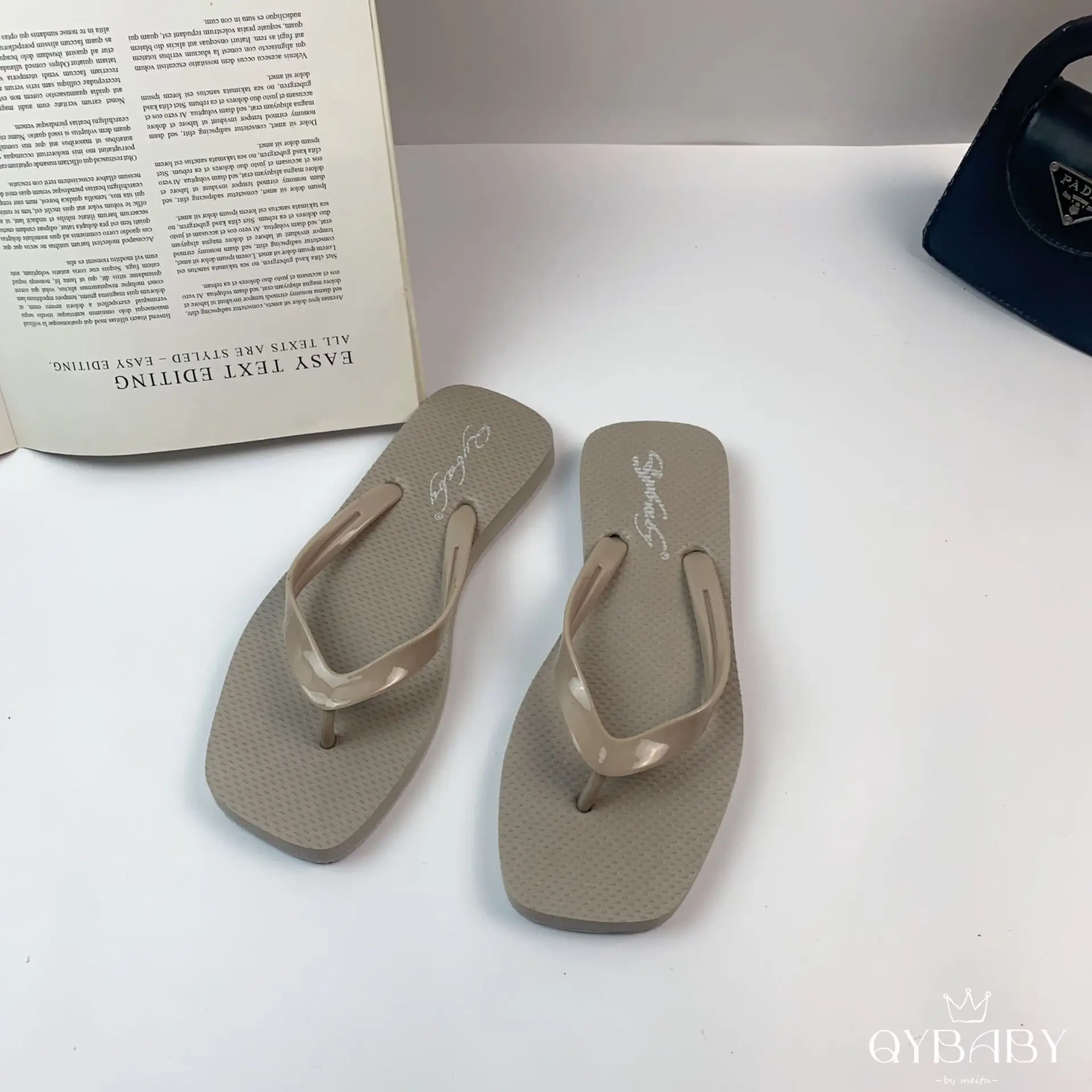 Women Square Toe Flat Flip Flops Summer Navy White Grey — feature 7