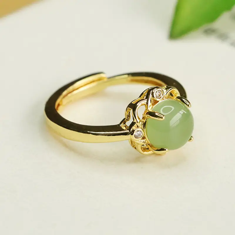 Aiyu Jade Petal Ring Green Gemstone Gold Plated - Image 2