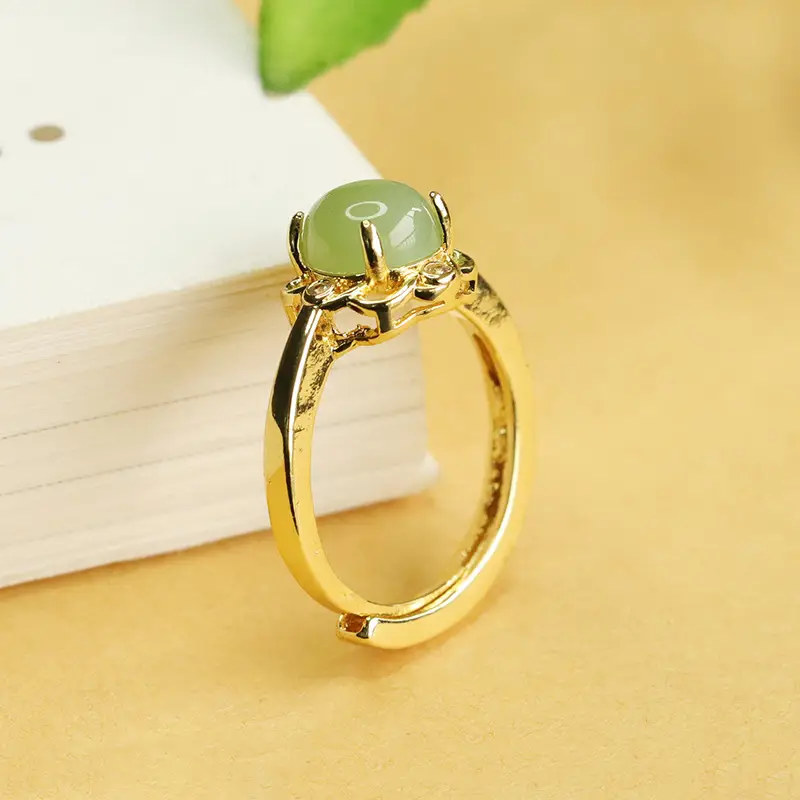 Aiyu Jade Petal Ring Green Gemstone Gold Plated - Image 3