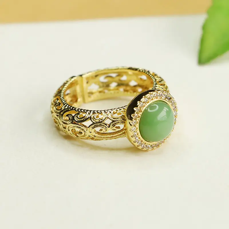Jasper Ring with Green Jade Stone Gold Plated - Image 3