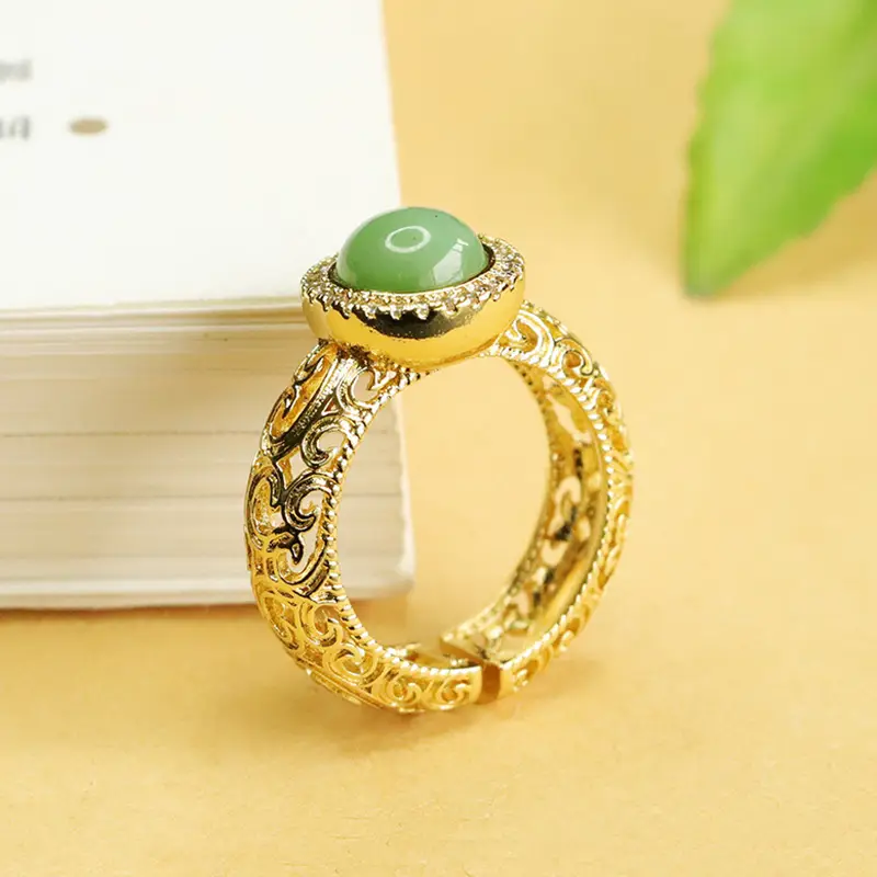 Jasper Ring with Green Jade Stone Gold Plated - Image 4